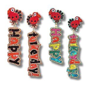 HAPPY TURKEYDAY Thanksgiving Theme Turkey Holiday Sparkle Beaded Earrings
